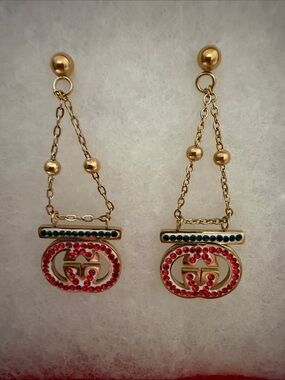 Stainless sheet Gold-Tone Double Chain Earrings with Red Crystal Logo Accent